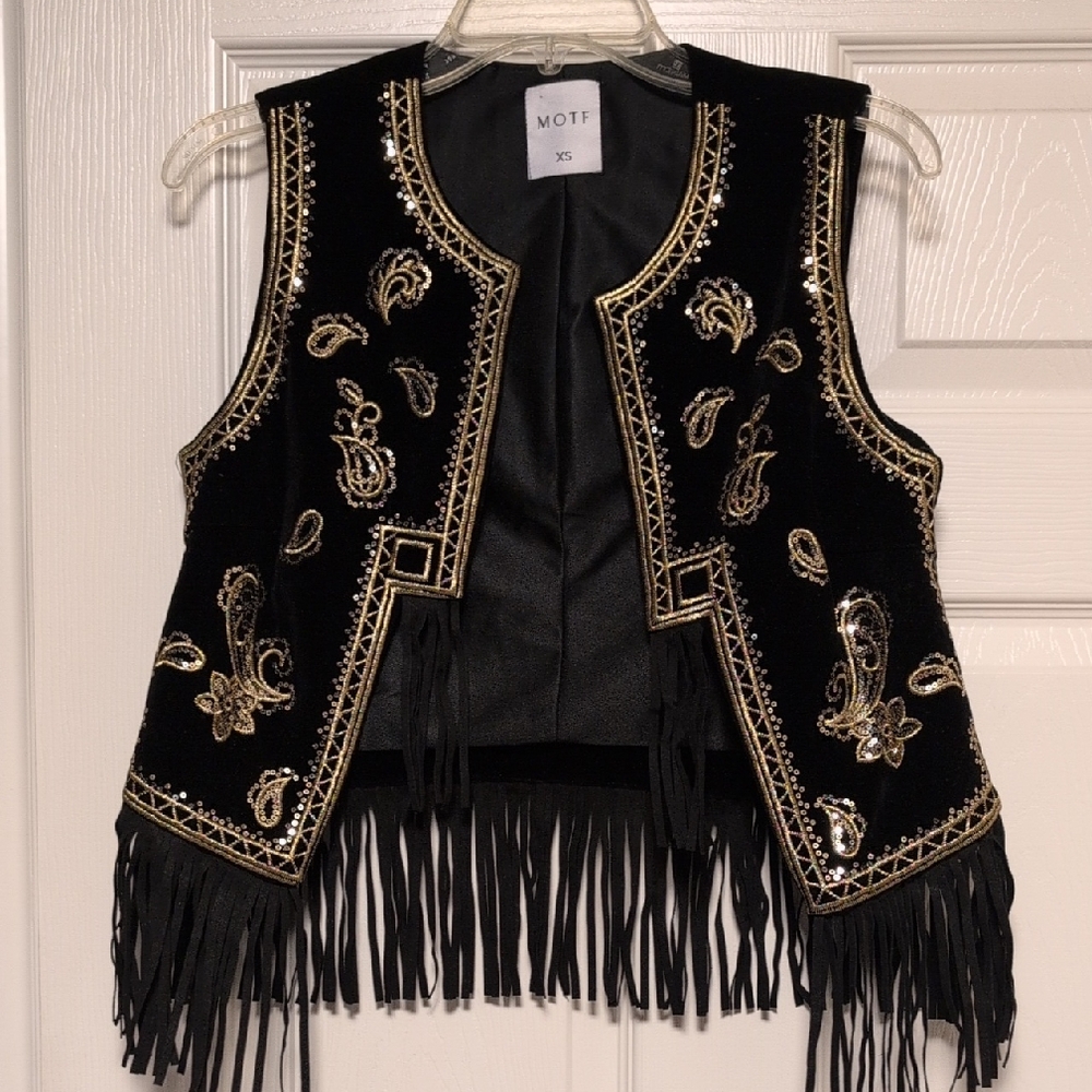 MOTF Black Vest with Gold Sequin Embroidery and Fringe